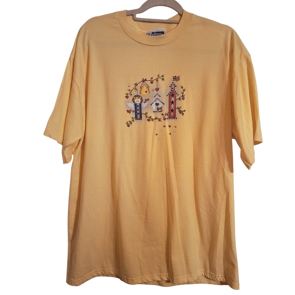 Vintage Endless Designs Made In USA Women's Size 1X Yellow Birdhouse T-Shirt‎